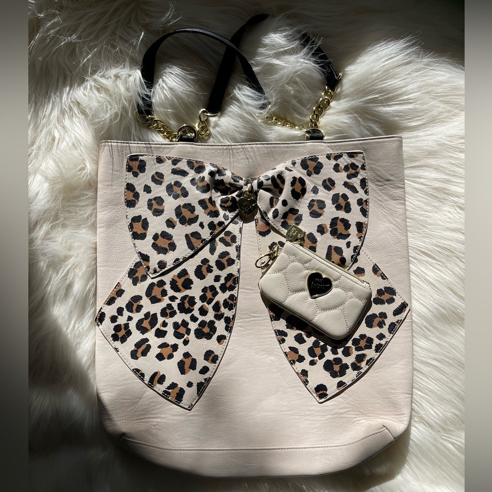 Betsey Johnson Leopard Bow Large Shopper Tote with Coin Purse
